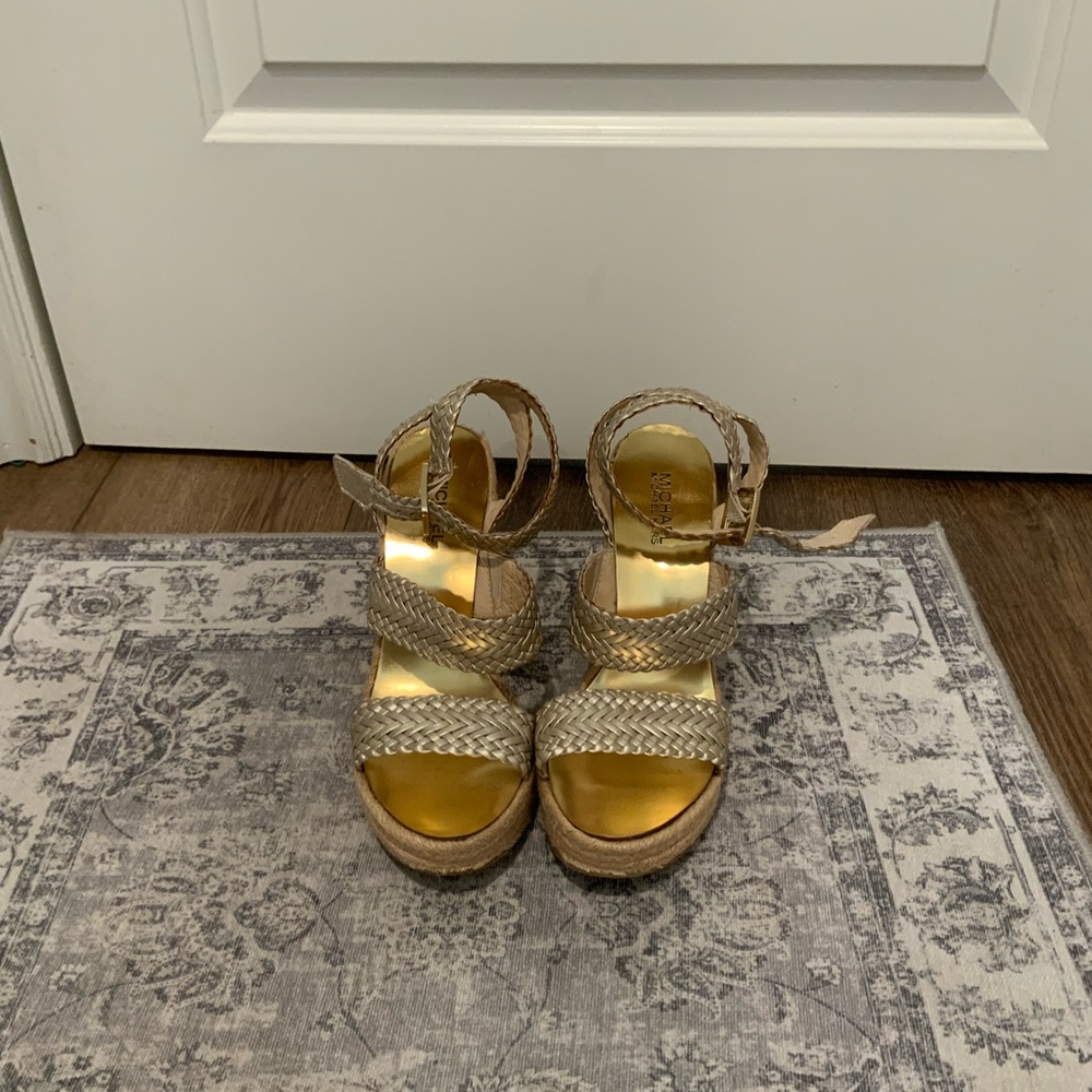 MICHAEL Michael Kors Metallic Gold Braided Espadrille Wedge Sandals